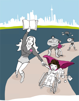 tandem-Illustration Ambulante Hilfen verschiedene Superheld*innen laufen auf einer Straße, Berliner Skyline tandem-Illustration Ambulante Hilfen verschiedene Superheld*innen laufen auf einer Straße, Berliner Skyline
